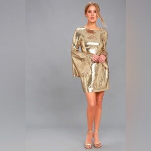Lulu’s Beaming Belle Gold Sequin Bell Sleeve Dress
